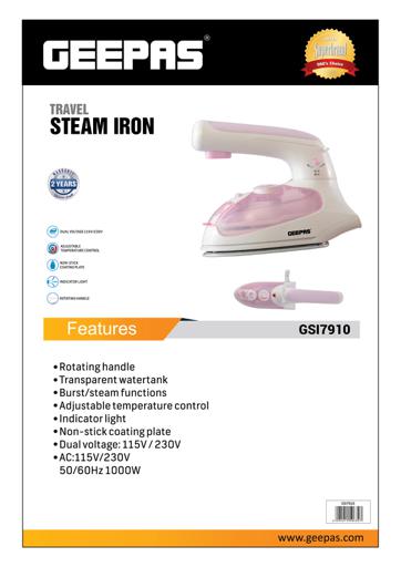 display image 4 for product Geepas 1000W Dry Iron With Foldable Handle - Non-Stick Coating Plate & Adjustable Thermostat