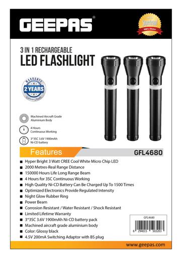 display image 8 for product Geepas 3 In 1 Family Pack Rechargeable Led Flashlight - Hyper Bright White 2000M Range Portable