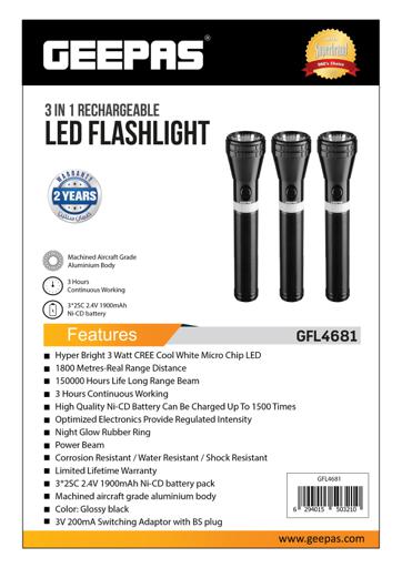 display image 10 for product Geepas 3 IN 1 Rechargeable Led Flashlight - Hyper Bright, 2000 Meters Range with 3 Hours Working | Portable Water Proof Pocket Flashlight with Charger & Battery