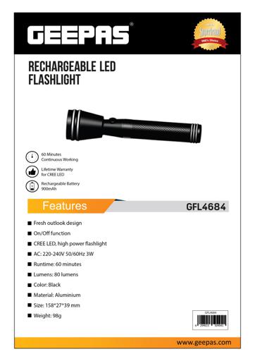 display image 7 for product Geepas GFL4684 Rechargeable LED Flashlight - High Power Flashlight| Built-in 900mAh Battery ,1 Hour Working | Powerful Torch for Camping, Trekking, Outdoor Activities