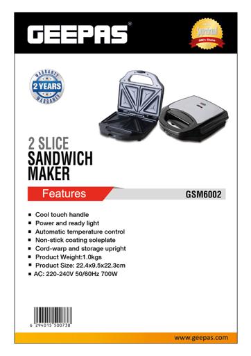 display image 18 for product Geepas 700W 2 Slice Sandwich Maker - Cooks Delicious Crispy Sandwiches - Cool Touch Handle