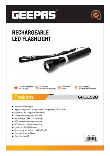 display image 8 for product Geepas Rechargeable Led Flashlight