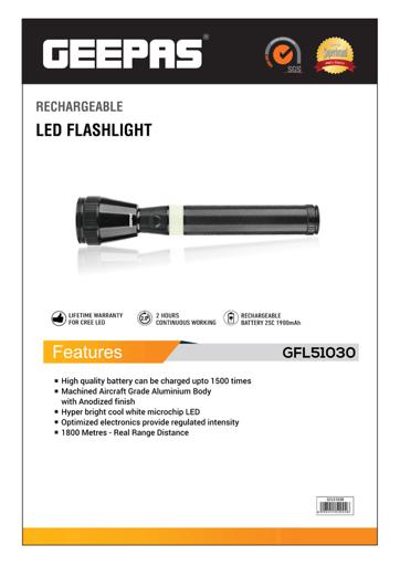 display image 11 for product Geepas GFL51030 Rechargeable LED Flashlight - 1800 Meters Range & High Beam Light | 2 Hours Working with 1900 mAh Battery | Ideal for Trekking, Camping, Power Cuts & More