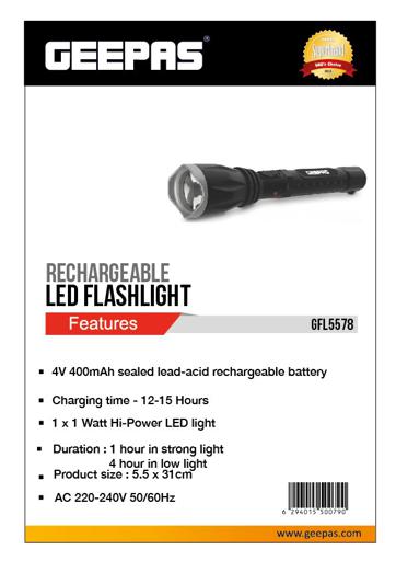 display image 8 for product Geepas Rechargeable LED Flashlight |Hyper Bright 1W Hi-Power LED Torch Light |Built-in 400mAh Lead Acid Battery |Powerful Torch for Outdoor Activities