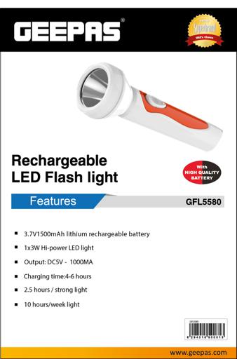display image 7 for product Geepas GFL5580 LED Torch - Rechargeable LED Flashlight - Super Bright 1x3W Hi-Power LED Torch Light - Pocket Size Handheld Emergency Torch - Powerful Torch