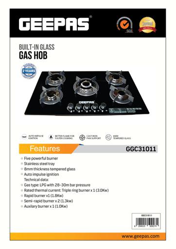 display image 9 for product Geepas GGC31011 5-Burner Gas Hob - Attractive Design, 8mm Tempered Glass Worktop - Automatic Ignition, 5 Heating Zones |Ergonomic Design, Stainless Steel Body