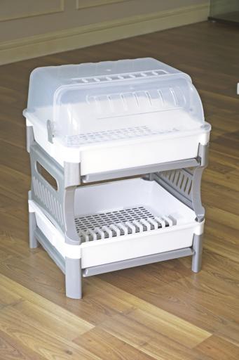 display image 1 for product 2 Layer Dish Rack With Tray & Cover - Utensil & 16 Plates Holder, Drying Rack, with Plastic Trays & Organization Shelf - Compact, Durable & Stainless Steel Stands