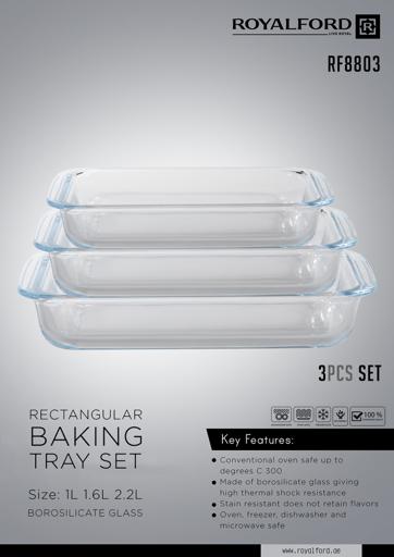 display image 13 for product Royalford 3Pcs Rectangle Borosilicate Glass Baking Tray Set 1L, 1.6L & 2.2L - Roasting & Baking Tray