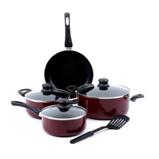 display image 0 for product 8 Pieces Non-Stick Cookware Set - Scratch Resistant, Tempered Glass Lids, Thick Bod, Bakelite Knobs, and Evenly Heating Base | Aluminium Body Cookware Pot, Frying Pan, Lid, Spatula