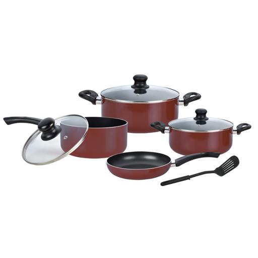 display image 1 for product 8 Pieces Non-Stick Cookware Set - Scratch Resistant, Tempered Glass Lids, Thick Bod, Bakelite Knobs, and Evenly Heating Base | Aluminium Body Cookware Pot, Frying Pan, Lid, Spatula