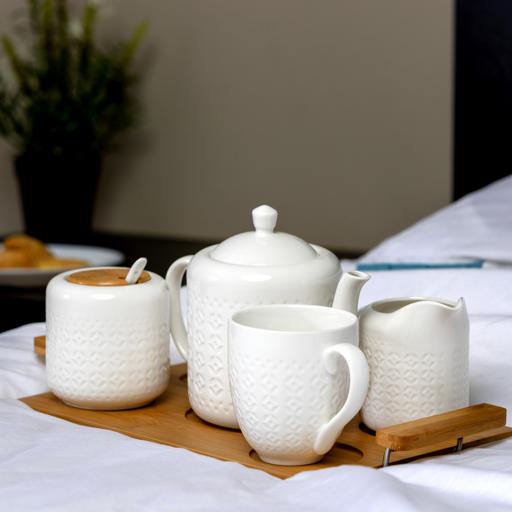 display image 1 for product Royalford 6Pcs Porcelain Tea Set – Includes 2 Tea Cups, 1 Teapot, 1 Canister, 1 Milk/Cream Pot