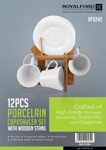 display image 10 for product Royalford 12Pcs Porcelain Cup & Saucer Set With Wooden Stand - Ideal For Daily Use - Non-Toxic