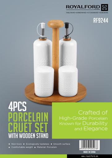 display image 1 for product 4 Pcs Porcelain Cruet Set with Wooden Stand - Ideal for Daily Use – Non-Toxic, Ecologically Tasteless, Smooth Surface, Comfortable Grip and Lightweight – Durable and Elegant Design