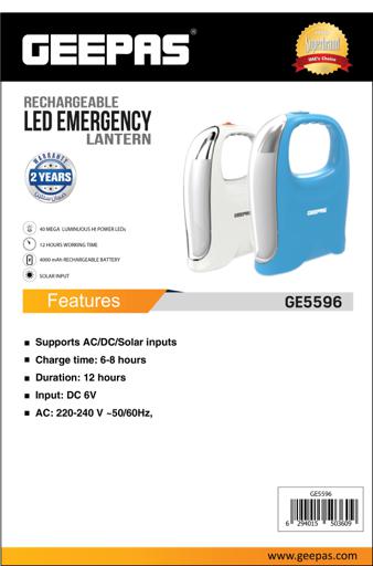 display image 14 for product Geepas GE5596 Rechargeable LED Lantern - Portable 40 Hi-Power LEDs, 12 Hours Working | AC/DC/Solar Inputs | Suitable for Power Outages - 2 Years Warranty