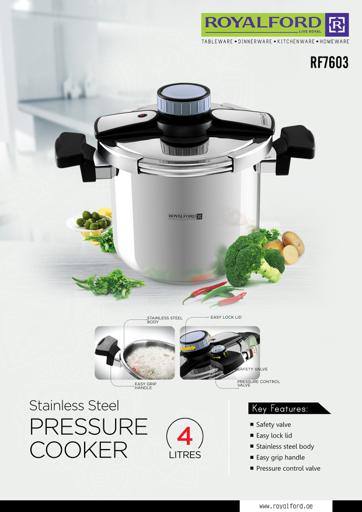 display image 1 for product Stainless Steel Pressure Cooker, Safety Valve, RF7603 - Lightweight Home Kitchen Pressure Cooker with Lid, Easy Grip Handle, Pressure Control Valve, Easy Lock Lid