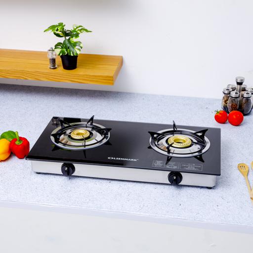 display image 6 for product Olsenmark Tempered Glass Double Burner Gas Stove - Auto Ignition - Stainless-Steel Drip Pan - Cast