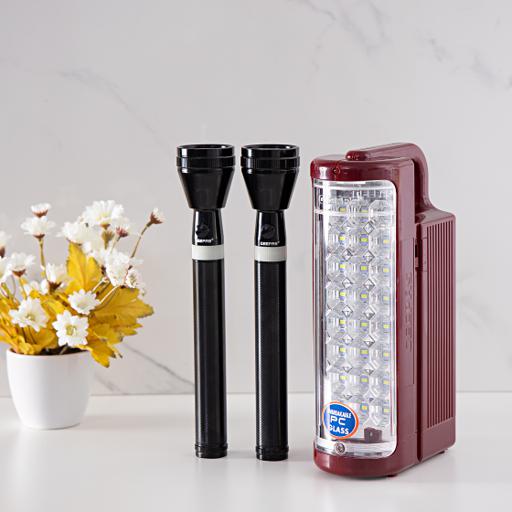 display image 1 for product Geepas Rechargeable LED Lantern & 2Pcs Torch |Emergency Lantern with Light Dimmer Function | 24 Pcs Super Bright LEDs|Ideal for Outings, Trekking, Campaigning and more