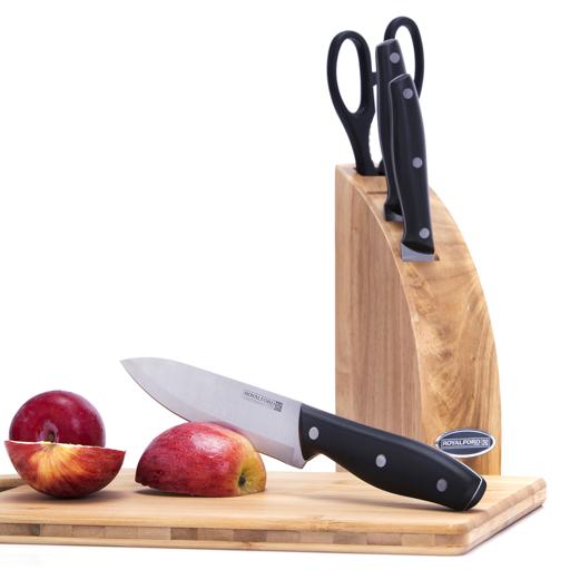 display image 1 for product Royalford 5Pcs Kitchen Tool Set - Potable Block, Stainless Steel, Black, 3 Piece Knife, Kitchen