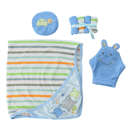 display image 3 for product Baby Plus Baby 7 Pcs Gift Set - Bath Set With Pretty Embroidered Patch - Cotton & Polyester Material - 4 Pieces ff Wash Cloth, Hooded Towel, Washmit - Super Soft