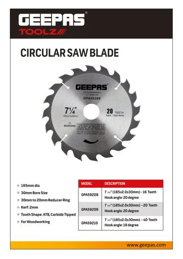 display image 4 for product Geepas GPA59208 Professional Circular Saw Blade - 185mm x 30mm bore, 20mm Ring | 16 ATB Calibered Teeth | Ideal for Carpenter, Professional, DIYers & More