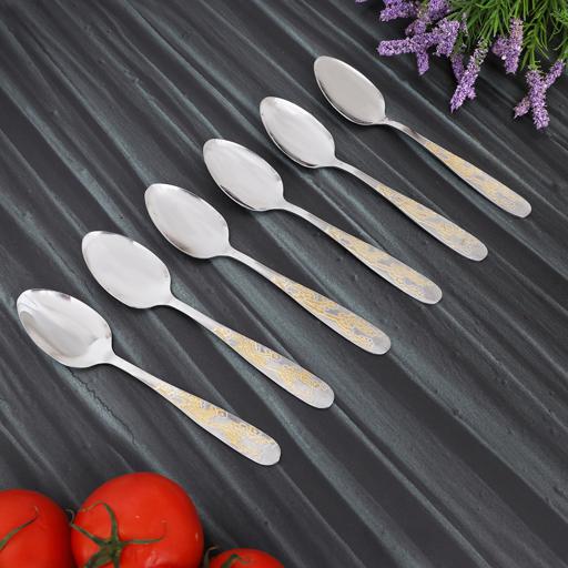 display image 1 for product Delcasa Desert Spoon - 6 Pcs S/S -Stainless Steel - Golden Pattern Cutlery, Long Grip Handle