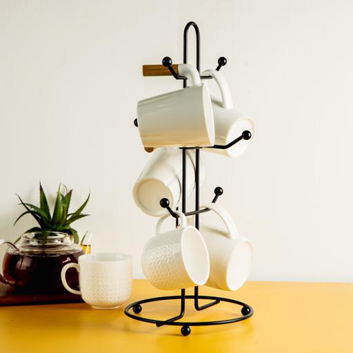 display image 1 for product Cup Holder, Mug Tree Classic Design Cup Holder, DC1976 | Cup Holder With 6 Hooks for Cup Tea Coffee Cup | Black Powder Coated Stand for Kitchen Mug Tabletop