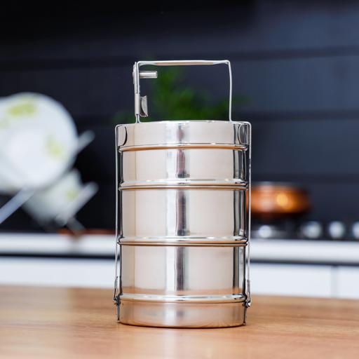display image 2 for product 3 Layer Steel Bombay Tiffin, Lunch Box, DC1985 - Stainless Steel Food Carrier, 3 -Tier Tiffin Lunch Box Office Pack, Stainless Steel Containers With Locking Clip