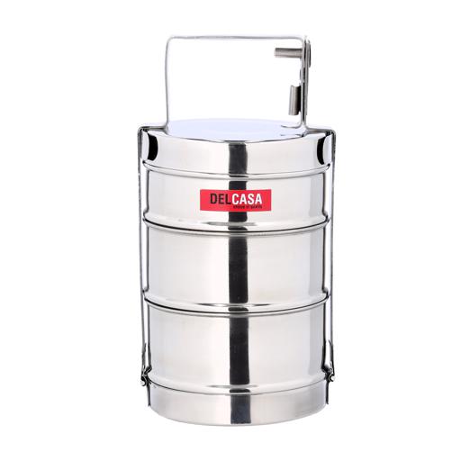 display image 0 for product 3 Layer Steel Bombay Tiffin, Lunch Box, DC1985 - Stainless Steel Food Carrier, 3 -Tier Tiffin Lunch Box Office Pack, Stainless Steel Containers With Locking Clip