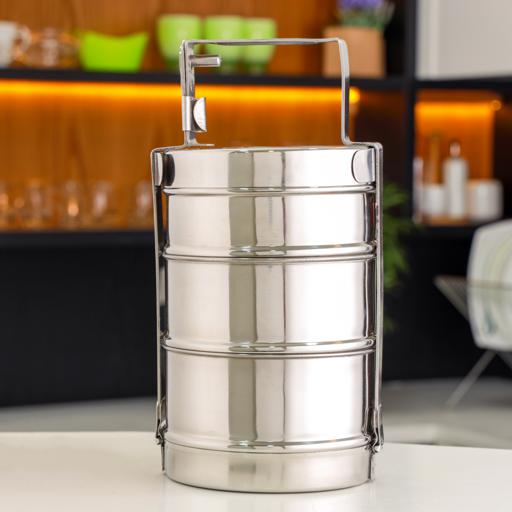 display image 1 for product 3 Layer Steel Bombay Tiffin, Lunch Box, DC1985 - Stainless Steel Food Carrier, 3 -Tier Tiffin Lunch Box Office Pack, Stainless Steel Containers With Locking Clip
