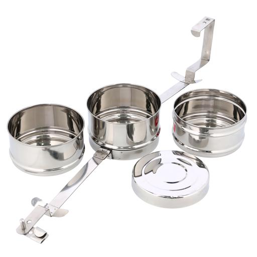display image 10 for product 3 Layer Steel Bombay Tiffin, Lunch Box, DC1985 - Stainless Steel Food Carrier, 3 -Tier Tiffin Lunch Box Office Pack, Stainless Steel Containers With Locking Clip