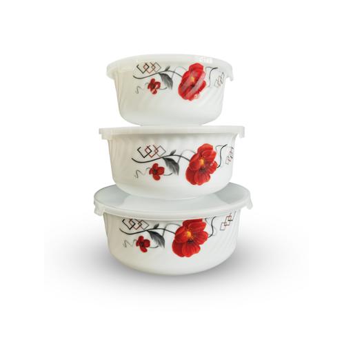 display image 0 for product Premium Opal Ware Bowl Set, 3pcs Serving Bowl, DC2134 | Stackable Food Storage Bowls with Transparent Lids | Elegant Floral Design | Oven-Safe (Without Lid)