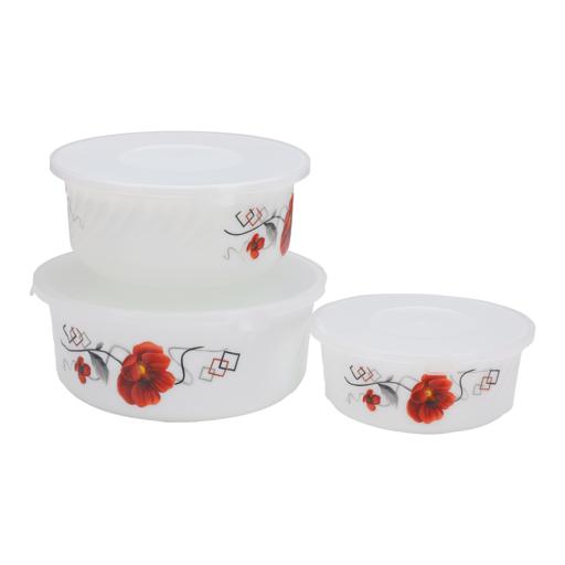 display image 4 for product Premium Opal Ware Bowl Set, 3pcs Serving Bowl, DC2134 | Stackable Food Storage Bowls with Transparent Lids | Elegant Floral Design | Oven-Safe (Without Lid)