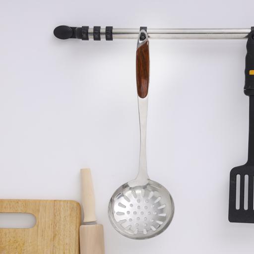 display image 1 for product Stainless Steel Skimmer, Comfortable Wood Handle, DC2148 | Built-in Hang Hole | Durable Food Grade Strainer Spoon for Draining & Frying | Marks and Stain Resistant