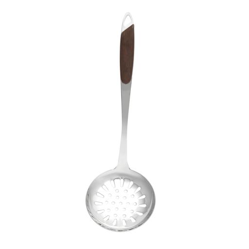 display image 5 for product Stainless Steel Skimmer, Comfortable Wood Handle, DC2148 | Built-in Hang Hole | Durable Food Grade Strainer Spoon for Draining & Frying | Marks and Stain Resistant