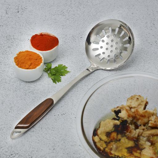 display image 3 for product Stainless Steel Skimmer, Comfortable Wood Handle, DC2148 | Built-in Hang Hole | Durable Food Grade Strainer Spoon for Draining & Frying | Marks and Stain Resistant