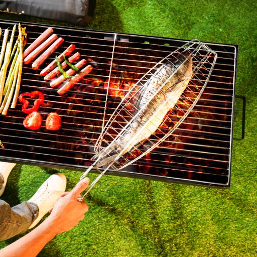 display image 3 for product Fish Barbecue Grill, Durable Iron with Wooden Handle, DC2200 - Portable BBQ Fish Grilling Basket, Larger Grilling Area, Extended Heat-Resistant Handle