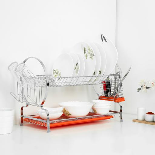 2-Tier Dish Drying Rack with Drainboard, Chrome, Simple Houseware