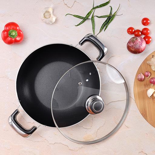 display image 3 for product Royalford Aluminium Wok Pan With Glass Lid, 22 Cm - Induction Safe Frying Pan With Durable Non-Stick