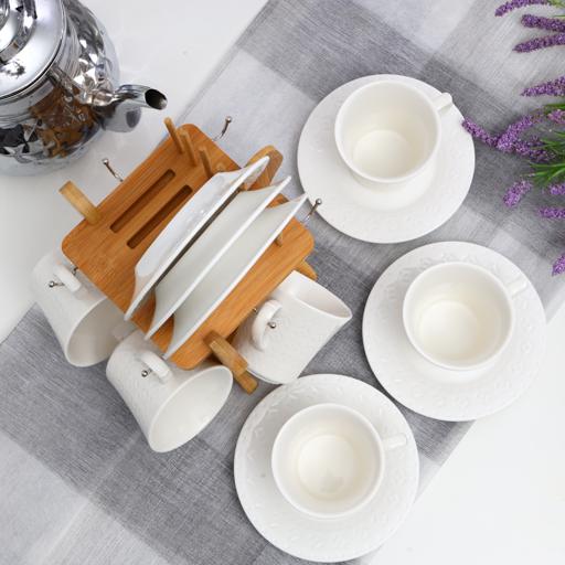 display image 2 for product Royalford 12Pcs Porcelain Cup & Saucer Set With Wooden Stand - Ideal For Daily Use - Non-Toxic