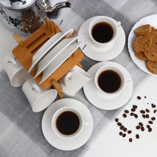 display image 3 for product Royalford 12Pcs Porcelain Cup & Saucer Set With Wooden Stand - Ideal For Daily Use - Non-Toxic