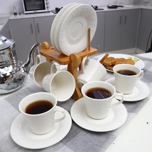 display image 1 for product Royalford 12Pcs Porcelain Cup & Saucer Set With Wooden Stand - Ideal For Daily Use - Non-Toxic