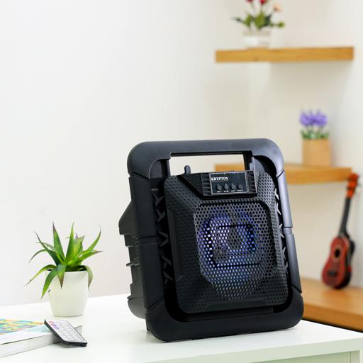 display image 1 for product Krypton Rechargeable Portable Speaker - Comfortable Handle | USB, FM, Mic, Bluetooth & Remote | LED Disco Light, 1800 Mah Battery | Party Speaker | Ideal for Indoor & Outdoors