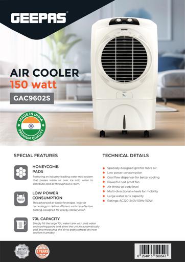 display image 16 for product Portable 70L Air Cooler with 3-Speed & Swing Function GAC9602 Geepas