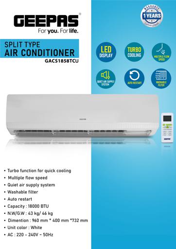 display image 9 for product Geepas Split Type Air Conditioner - Ergonomic Design with Led Display | Multiple Speed, Turbo Cooling & Auto Restart | Washable Filter | 18000 BTU | Remote Included