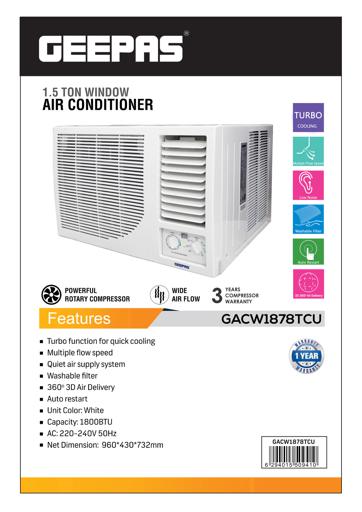 display image 9 for product 1.5 Ton Window Air Conditioner, Washable Filter, GACW1878TCU | 18000BTU | 360 Air Delivery | Low Noise & Auto Restart | 3 Speed, Cool/Fan/ Dry Mode