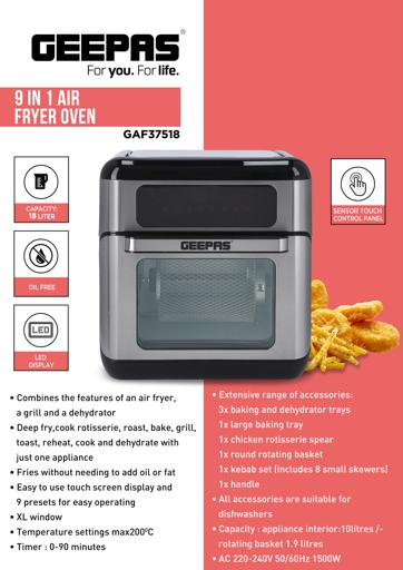 display image 17 for product Geepas 9 In 1 Air Fryer Oven 10L – 9 Preset, Toaster Oven Combo Rotisserie & Dehydrator, Oil-Free Countertop Oven with LED Digital Touchpanel, 90 min Timer | 2 Years Warranty