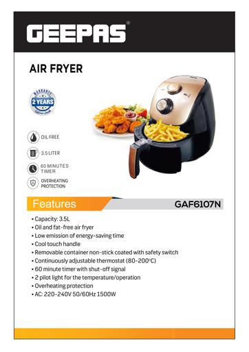 display image 10 for product Geepas Air Fryer 1350W 3.2L - Overheat Protection, LED ON-OFF Lights, 30 Minutes Timer, Rapid Air Circulation, Non Stick Detachable Basket, Temperature & Timer Control, 2 YEARS WARRANTY
