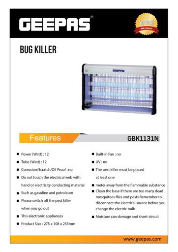 display image 8 for product Bug Killer, 12W Electric Insect Killer, GBK1131N | 2 Tubes Outdoor/Indoor Insect, Mosquito, Bug, Moth Killer | Ideal for Office, Home, Hotels & Commercial Use