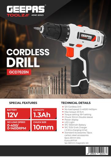 display image 12 for product Geepas 12V Cordless Percussion Drill - Hammer Function, Screwdriver with 13 Pcs Drill, 15+1 Torque Setting | No Speed Load 0-550RPM | 1 Year Warranty