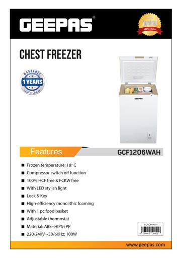 display image 13 for product Chest Freezer, Freestanding Chest Freezer, GCF1206WAH | Deep Freezer with Adjustable Thermostat | 1pc Food Basket Included | LED Light | Comes with Lock & Key